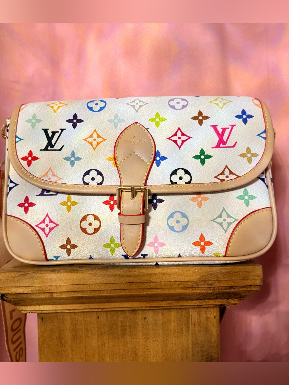 White Multicolor Monogram Shoulder Bag with Gold Hardware